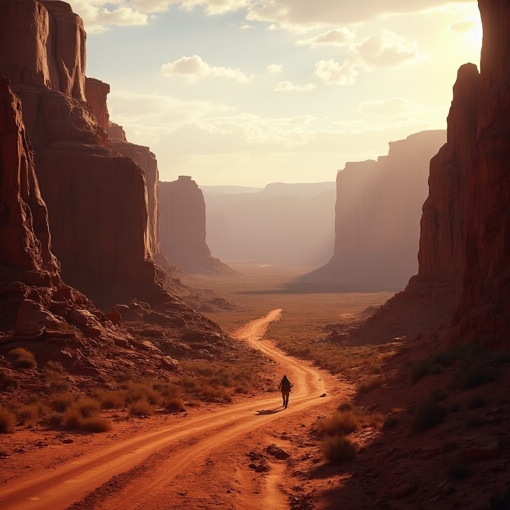 Dramatic late afternoon view of red rock desert in Utah with long shadows across rugged formations, winding dirt road through Moab's wilderness, and deep amber and burnt sienna color palette