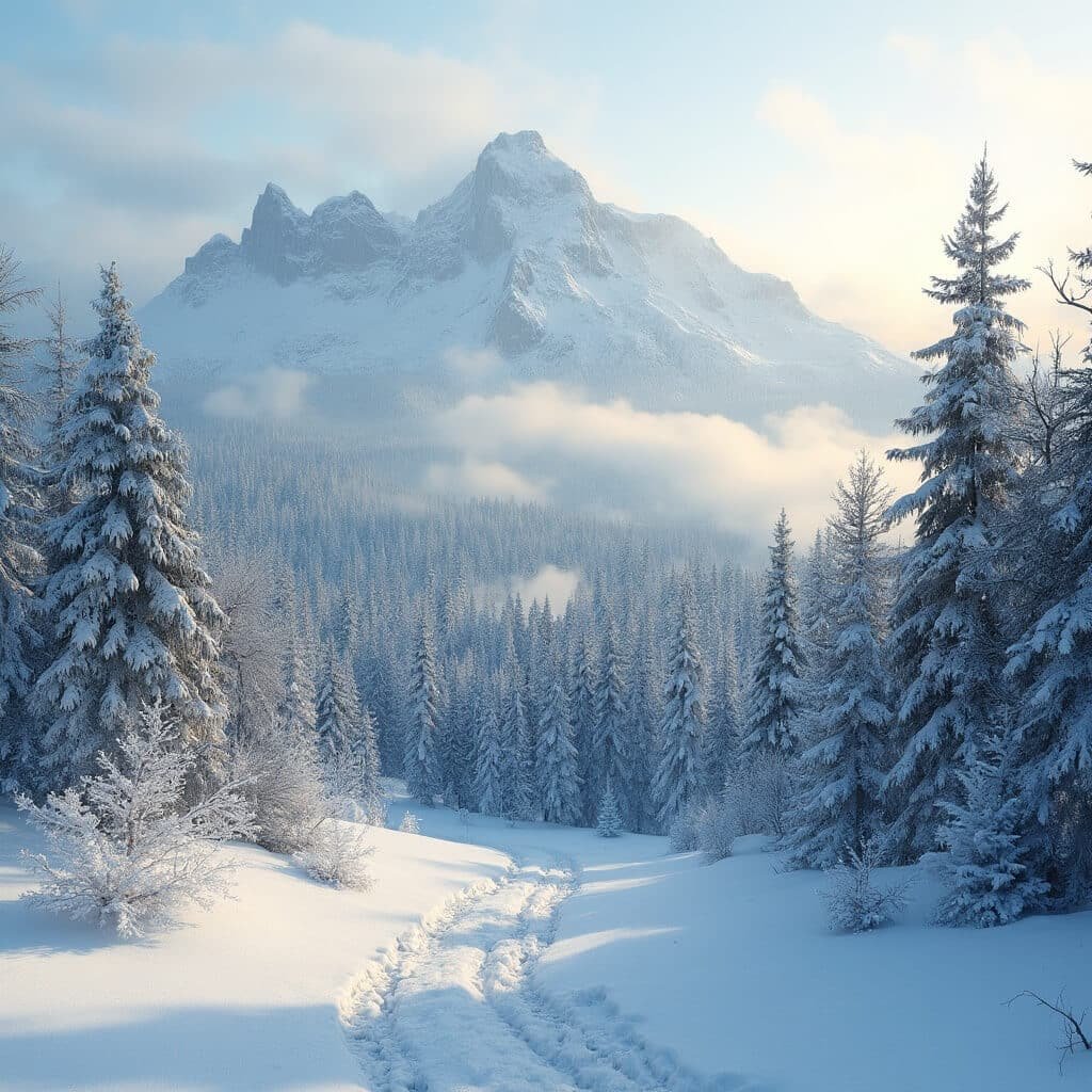 Snow-covered Mount Mansfield and pine forest in Vermont bathed in golden morning light, showing supreme wilderness and tranquility