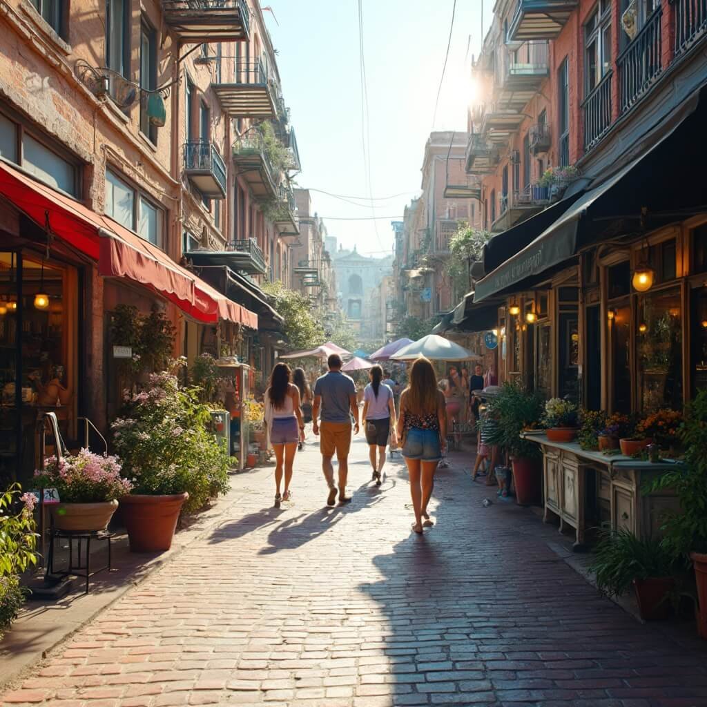 Walkable Small Towns: Where Every Step Tells a Story (And Saves Your Wallet) Bustling downtown marketplace with diverse pedestrians, open-air cafes, colorful local shops, historic brick buildings, artisan stalls, lush potted plants, cobblestone walkways, and architectural design, bathed in mid-afternoon sunlight