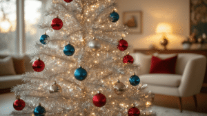 Sparkling Nostalgia: The Ultimate Guide to Tinsel Christmas Trees Cinematic view of a vintage aluminum tinsel Christmas tree with metallic strands, adorned with ruby red and sapphire blue ornaments, set in a mid-century modern living room featuring teak furniture and cream walls, illuminated by soft warm lighting that enhances the cozy holiday atmosphere.
