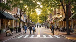 Walkable Small Towns: Where Every Step Tells a Story (And Saves Your Wallet) "Pedestrians strolling on wide, tree-lined sidewalks of a charming small town, interacting with local shops and cafes, with visible green spaces, outdoor dining, cyclists in bike lanes and warm golden sunset light reflecting off historic storefronts."