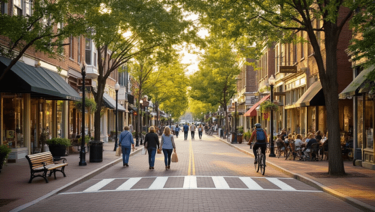 Walkable Small Towns: Where Every Step Tells a Story (And Saves Your Wallet) "Pedestrians strolling on wide, tree-lined sidewalks of a charming small town, interacting with local shops and cafes, with visible green spaces, outdoor dining, cyclists in bike lanes and warm golden sunset light reflecting off historic storefronts."