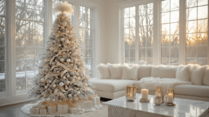 White Christmas Tree Decorations: Creating a Winter Wonderland Elegance An elegant 9-foot white Christmas tree adorned with a feathered topper, pearl ribbons, and crystal ornaments in a luxurious living room with golden hour light streaming through windows, complemented by a plush cream sectional sofa and marble coffee table.