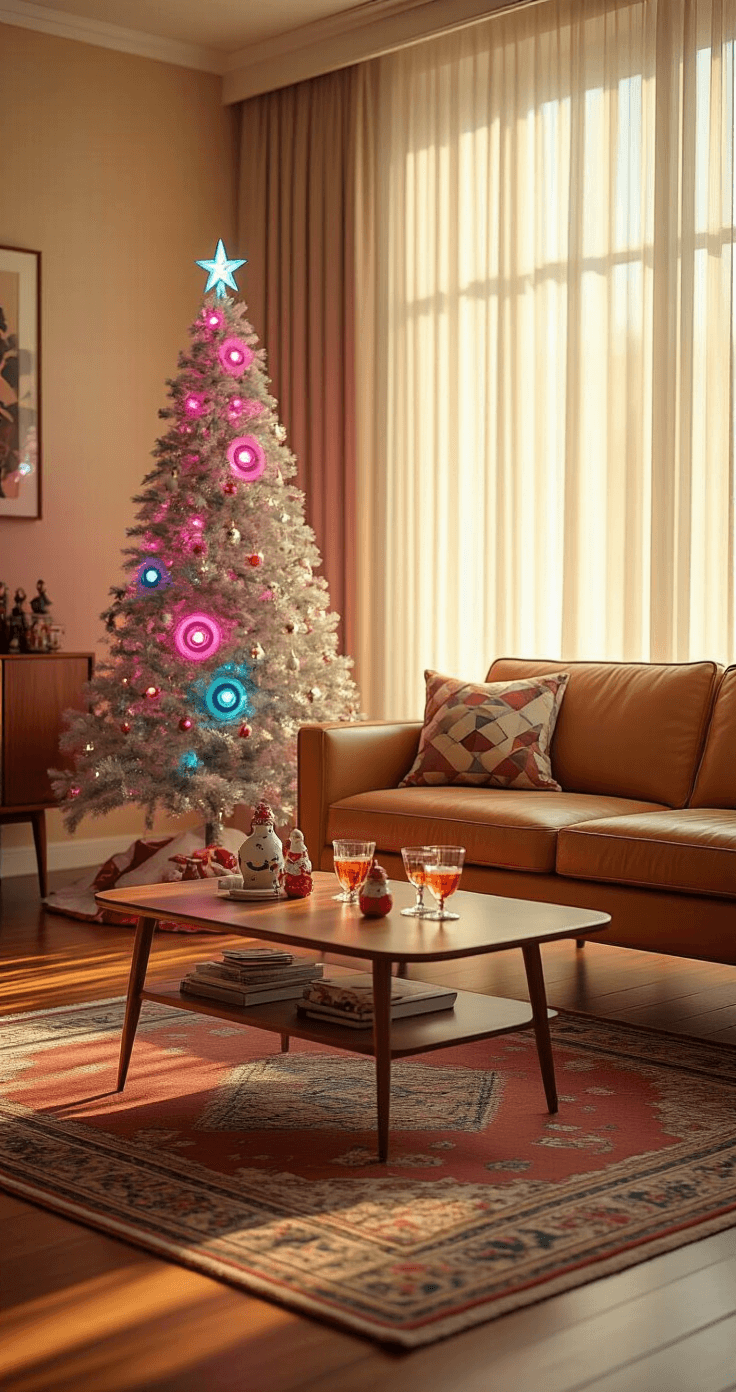 A nostalgic 1950s living room featuring a vintage aluminum Christmas tree with colorful shadows, mid-century modern tan leather sofa, hardwood floors with a Persian rug, and softly lit atmosphere, captured in warm golden hour light.