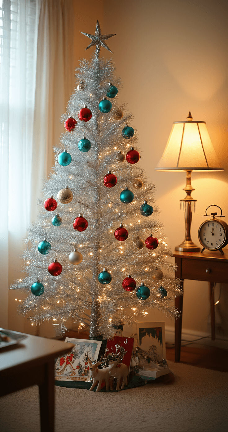 A cozy vintage Christmas scene showcasing a compact silver tinsel tree adorned with vibrant red and turquoise Shiny Brite ornaments and delicate bubble lights, softly illuminated by a warm amber lamp. The tree stands in the corner of a small apartment next to a mid-century side table featuring a starburst clock, while minimal modern furniture provides an unobtrusive backdrop. Metallic tinsel drapes beautifully around the tree, enhanced by authentic period decorative elements like ceramic reindeer and vintage Christmas cards, all contributing to a magical holiday atmosphere.