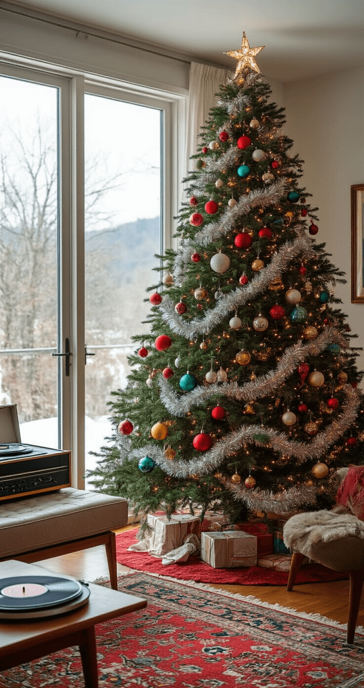 Maximalist retro Christmas tree in a mid-century modern living room with floor-to-ceiling windows, featuring an 8-foot evergreen tree adorned with vintage glass ornaments, silver tinsel, and C7 multicolored lights, alongside a vintage record player and Persian wool rug, all bathed in soft natural light.