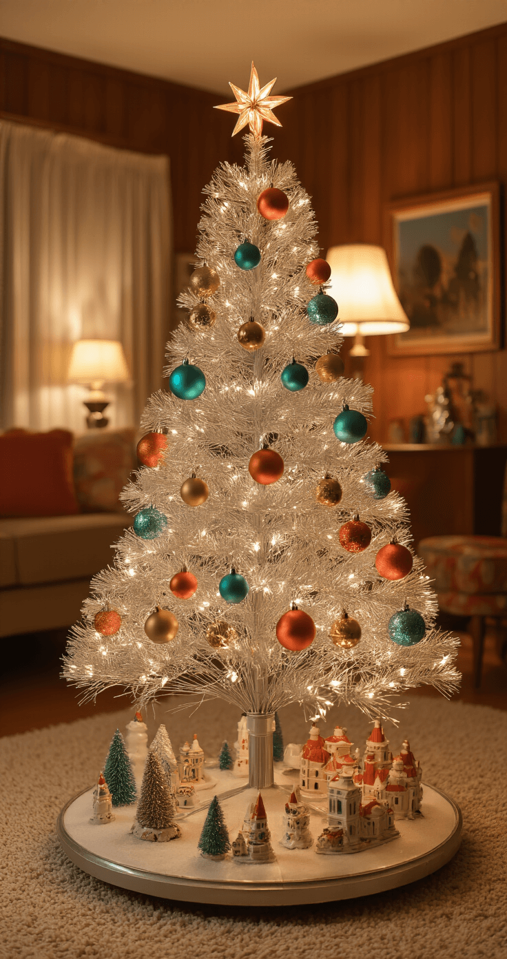 A cozy 1960s family living room featuring a classic aluminum Christmas tree adorned with Shiny Brite ornaments in coral, turquoise, and gold, set on a rotating color wheel stand. Warm sepia lighting enhances the nostalgic atmosphere, highlighting thick tinsel garlands and a vintage ceramic Christmas village displayed beneath the tree. Period-correct mid-century furniture and an atomic design floor lamp complete the scene, with soft wool carpeting underfoot.