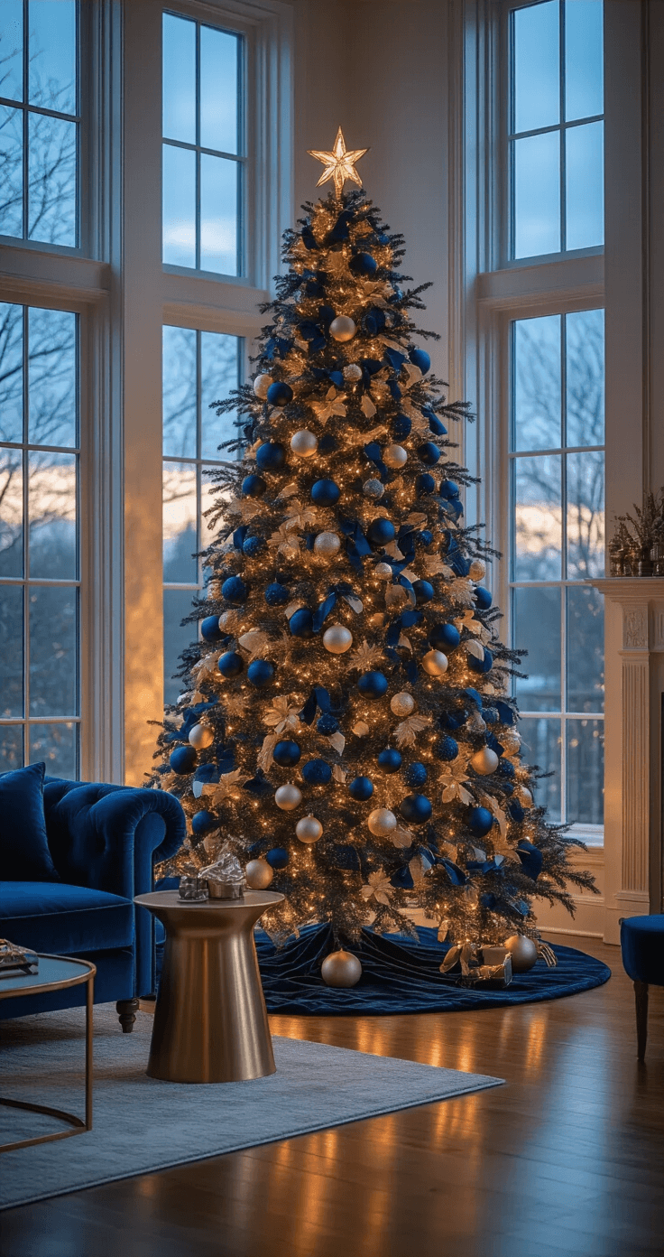 A luxurious living room at twilight featuring a 7-foot Christmas tree adorned with navy blue, gold, and cream ornaments, positioned near floor-to-ceiling windows. The tree is accented with velvet ribbons and magnolia stems, reflecting off hardwood floors. In the foreground, a navy velvet sofa and brass side table complement the scene, illuminated by warm ambient lighting that creates soft shadows and depth. The camera angle at 45 degrees highlights the tree's intricate layering and sophisticated atmosphere.