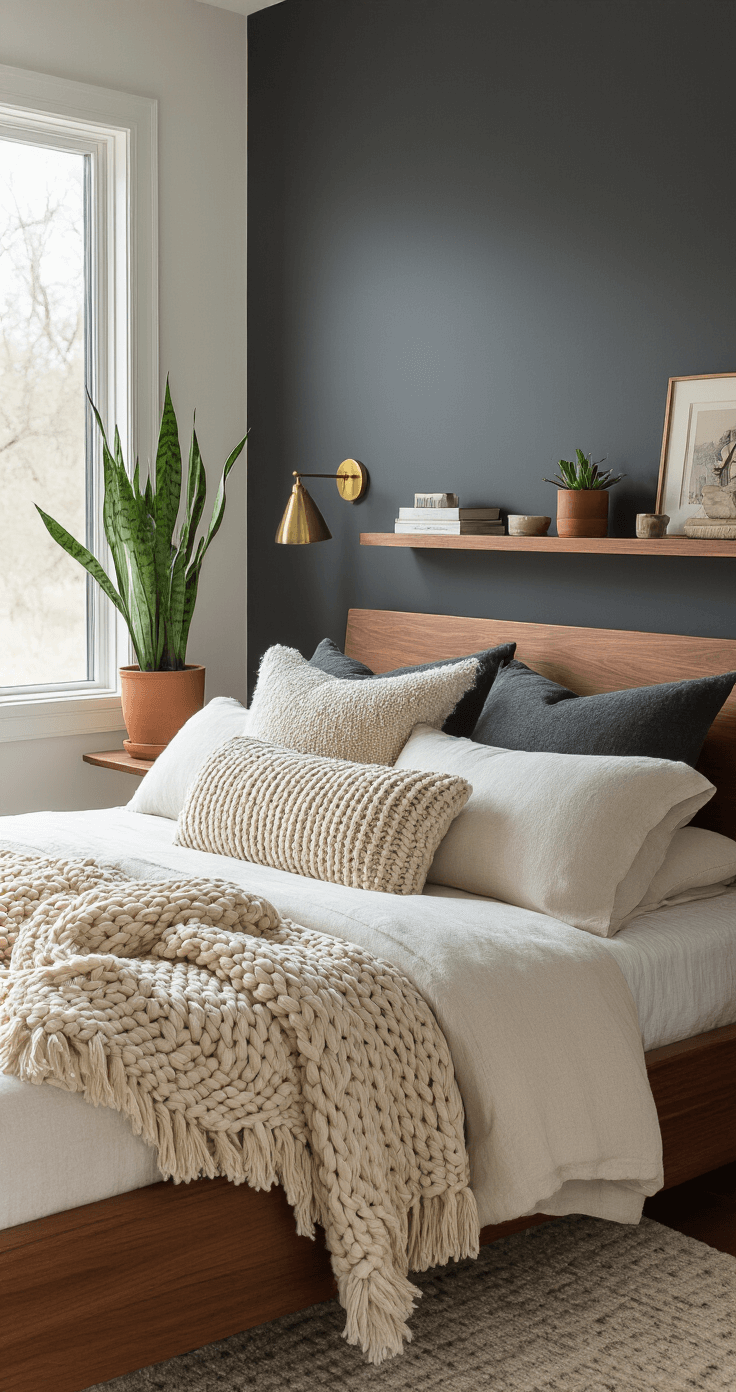 Intimate bedroom scene with dark charcoal gray walls, a mid-century modern bed with a cream boucle lumbar pillow, a chunky knit throw blanket, a snake plant in a terracotta pot, and warm accent lighting from a vintage brass wall sconce, all bathed in soft morning light.