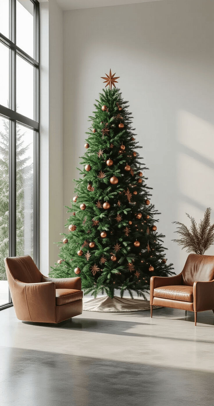 A modern minimalist living space featuring an 8-foot forest green and copper Christmas tree adorned with metallic copper ornaments and emerald green velvet ribbon. The room has concrete floors, white walls, and floor-to-ceiling windows, with sculptural neutral-toned furniture and a statement leather armchair nearby. Evening lighting casts dramatic shadows, emphasizing the tree's elegant silhouette against the stark white background.