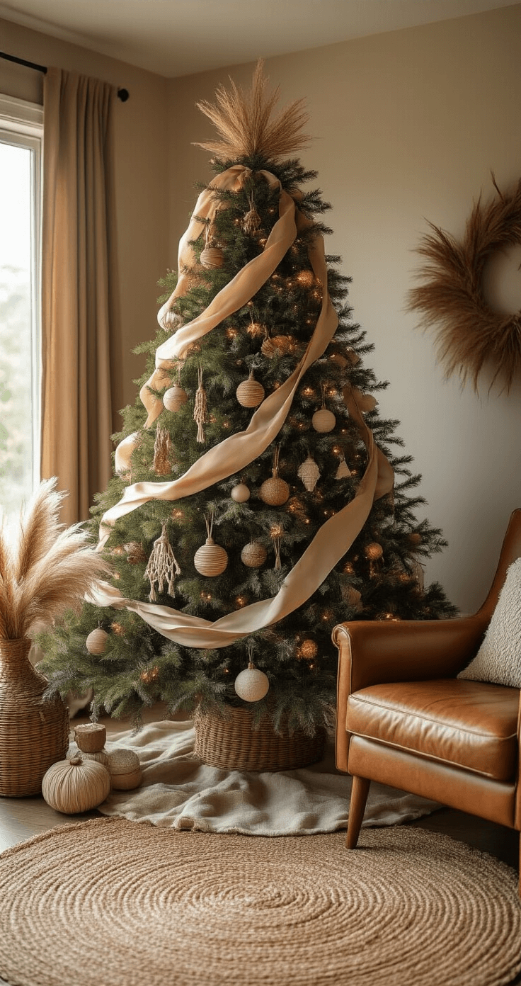 A warmly lit living room featuring a 7-foot boho-style Christmas tree adorned with silk ribbons, vintage ornaments, and pampas grass, alongside a mid-century modern leather chair and a soft jute rug.