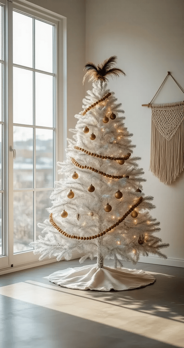 A minimalist studio apartment featuring a 5-foot white faux Christmas tree adorned with natural oak wooden bead garlands, dried eucalyptus, and pheasant feathers as a tree topper.