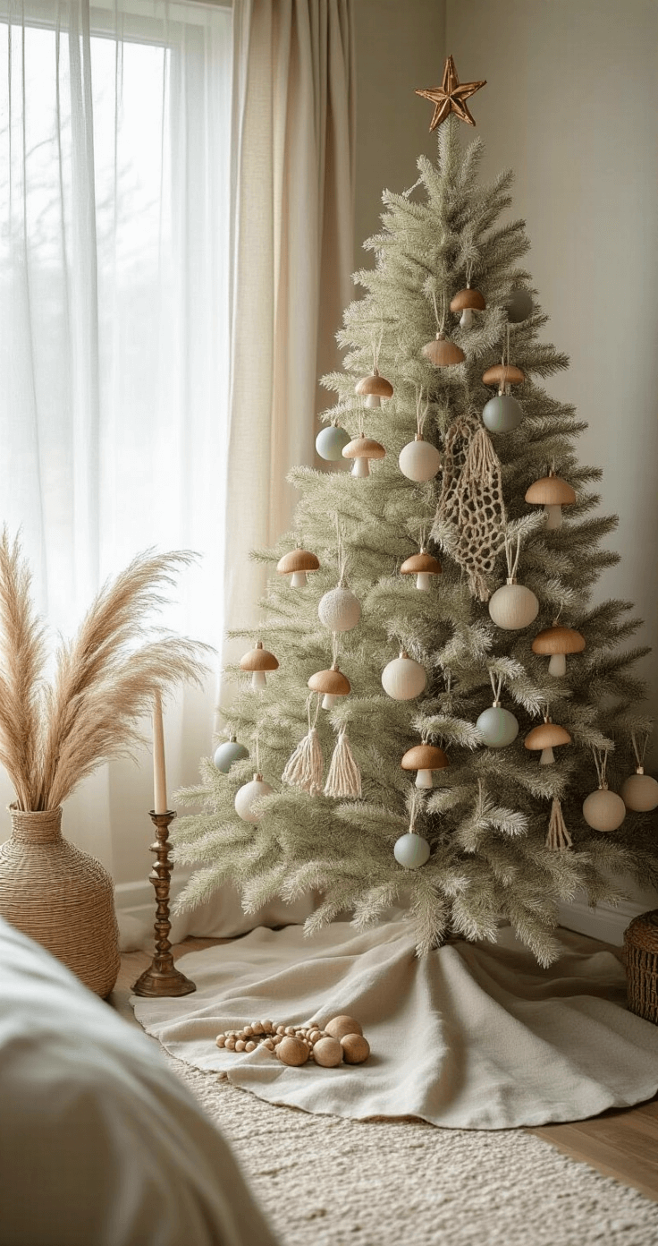 Cozy bedroom corner featuring a 4-foot champagne-colored Christmas tree adorned with sage green and dusty rose ornaments, wooden mushroom shapes, and macrame details.