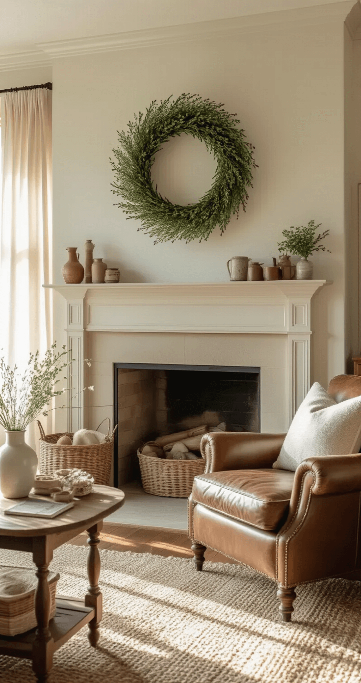 A sunlit craftsman living room featuring a handmade deco mesh wreath above an antique fireplace, soft natural light filtering through linen curtains, showcasing warm wood tones, an aged leather armchair, a vintage side table with scattered crafting materials, and a color palette of cream, sage green, and burnished copper, captured in a wide-angle shot highlighting intricate wreath details and the warm textures of the room.