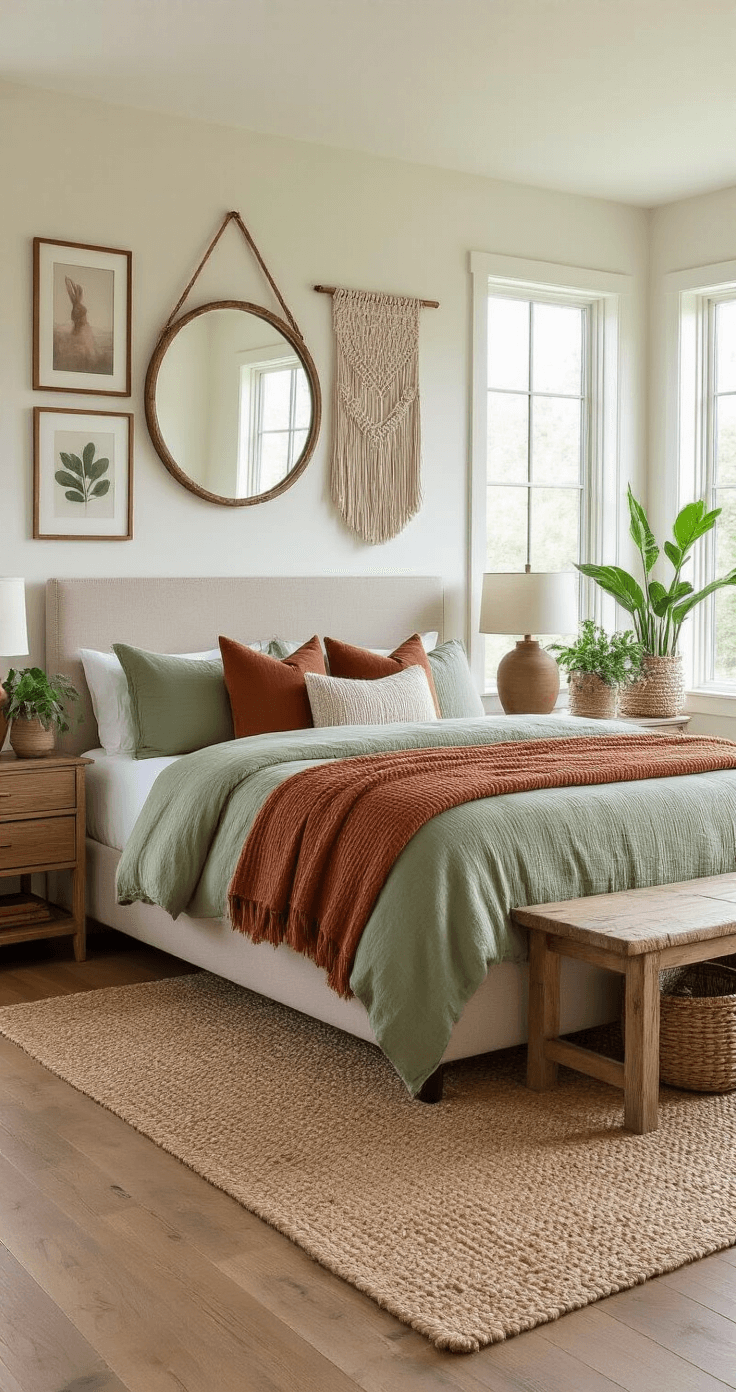 Eclectic bedroom featuring a gallery wall with mixed textures behind an upholstered king bed, adorned with macramé and a round mirror, layered earthy bedding, reclaimed wood nightstands, and various plants, illuminated by soft natural light.