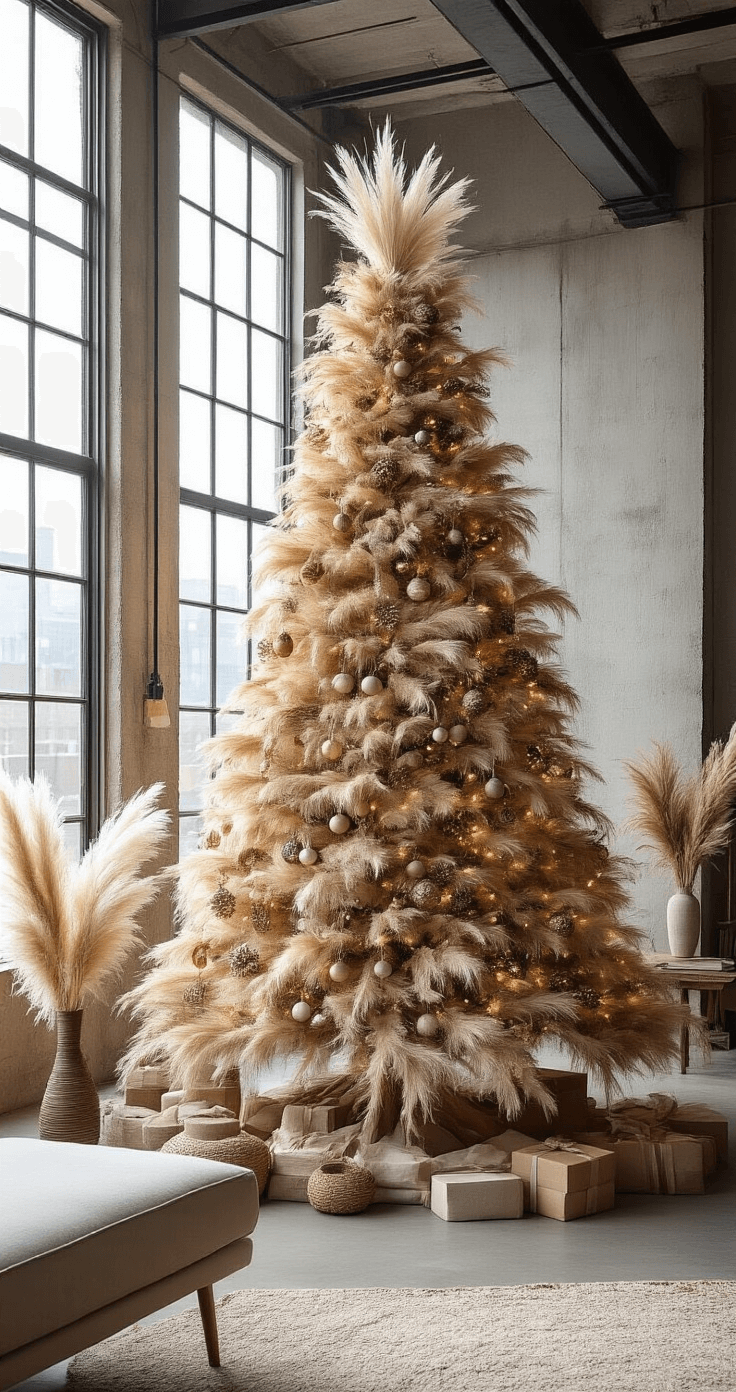 Open-concept modern loft featuring a 6-foot pampas grass Christmas tree with handmade wooden ornaments and feather accents.