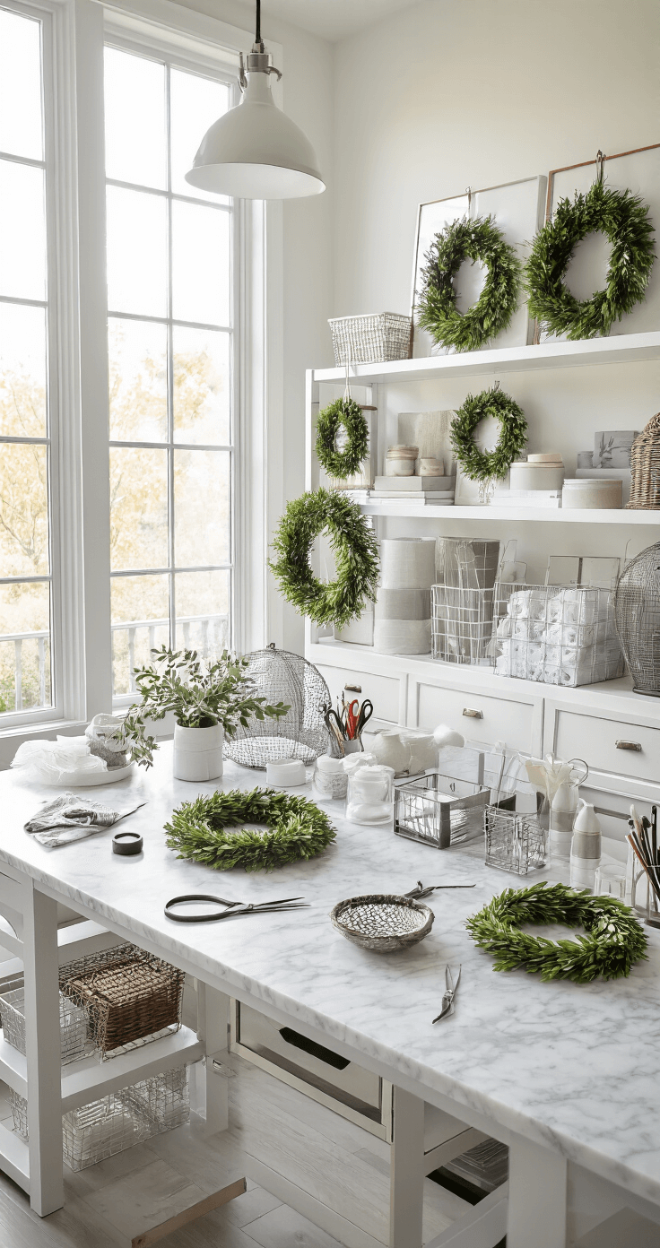 A luxurious home decor studio workspace featuring a marble-topped crafting table with neatly organized wreath-making supplies, floor-to-ceiling windows illuminating the area with soft morning light, contemporary white shelving displaying seasonal wreaths, and professional photography lighting highlighting the meticulously arranged craft materials.