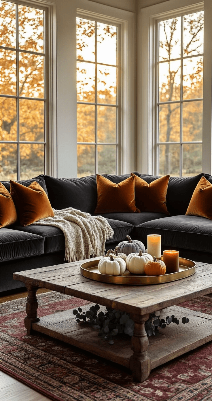 Ultra-detailed autumn living room with golden afternoon light, featuring a deep charcoal velvet sofa adorned with rust and olive pillows, a chunky wool blanket, rustic coffee table with pumpkins and candles, and a vintage Persian rug, all creating a warm and textured ambiance.