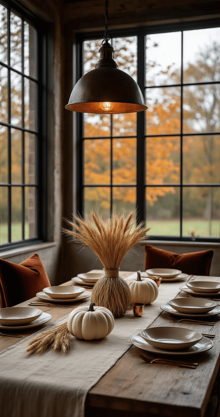 Sophisticated dining room at dusk featuring a long farmhouse table with a terracotta linen runner, handcrafted cream ceramic plates, copper chargers, a dried wheat bundle and white pumpkin centerpiece, illuminated by low hanging industrial pendant lights, with autumn leaves seen through large windows, and a mix of wooden chairs with olive and burgundy velvet cushions, captured in intricate detail and moody lighting.