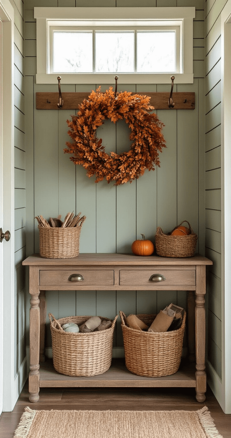 Rustic farmhouse mudroom featuring built-in coat hooks, a seasonal deco mesh wreath in fall colors, a vintage wooden console table with a woven basket of crafting supplies, distressed sage shiplap walls, antique brass coat hooks, a hand-woven runner in earth tones, and soft natural light from a transom window, showcasing warm textures and crafting inspiration.