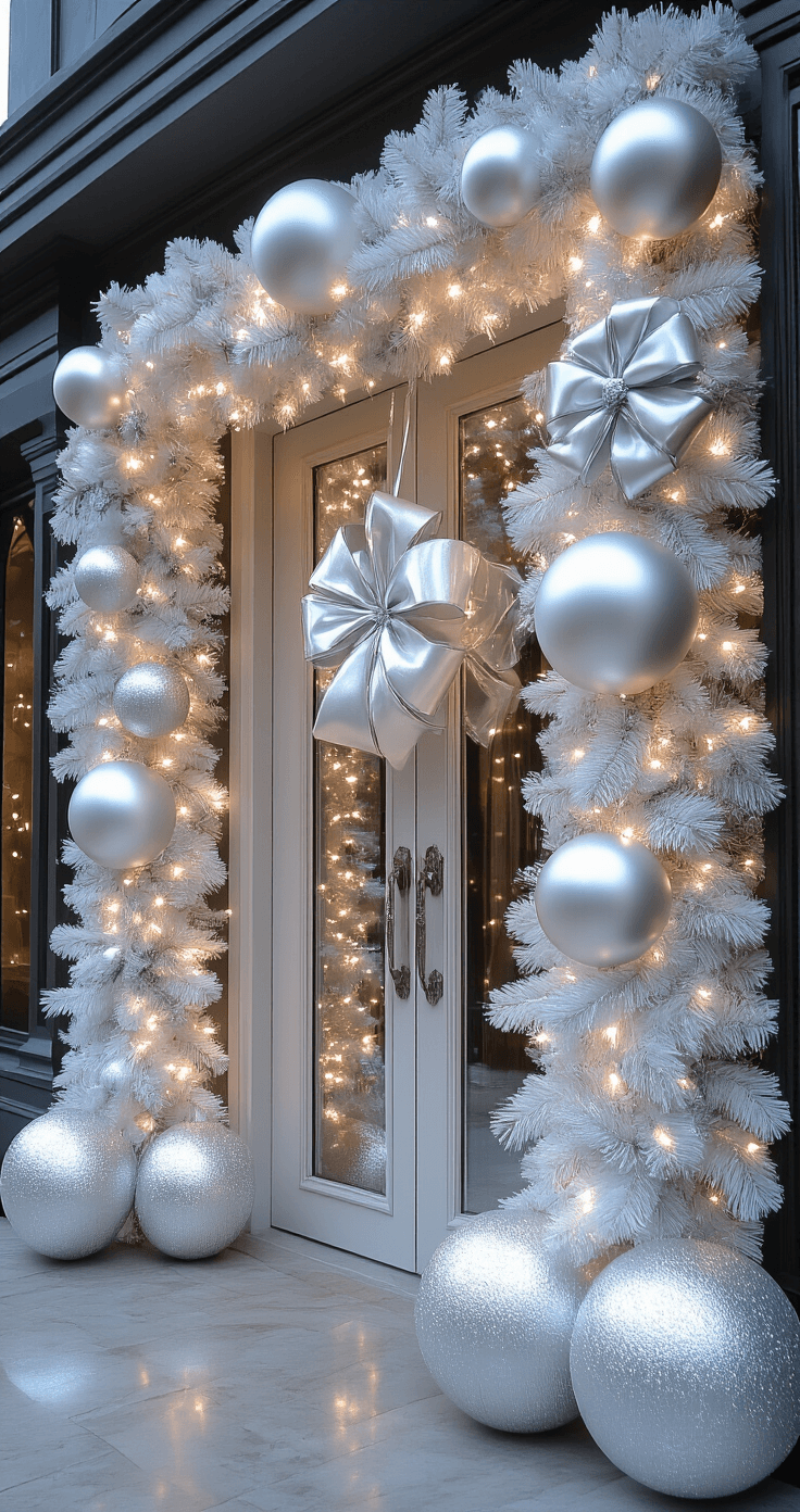 Glamorous monochromatic white and silver door decor featuring oversized pearl and platinum ball ornaments, layered white pine garlands with white fairy lights, a massive metallic silver bow, and an ultra-modern glass and steel door, all bathed in dramatic late evening lighting that highlights textures and reflective surfaces, viewed from a slightly elevated angle.