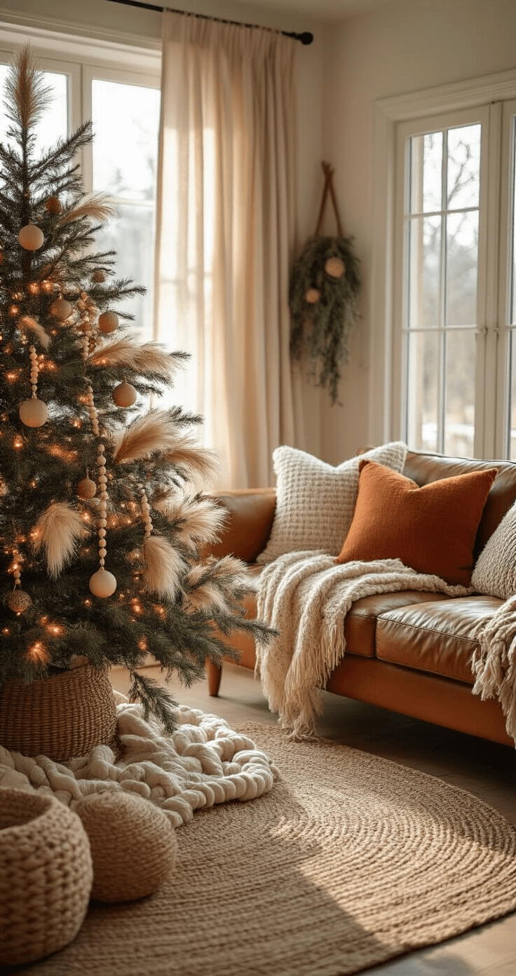 A bohemian living room featuring a styled Christmas tree in warm terracotta and sage, adorned with pampas grass, wooden beaded garlands, and fairy lights. A large woven basket serves as the tree base, alongside a leather sofa layered with cream knit throws and rust-colored pillows. Soft winter light filters through linen curtains, illuminating weathered wood floors.