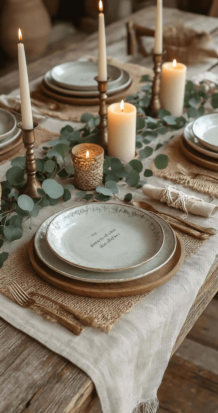 Intimate boho holiday tablescape with mismatched vintage ceramic plates on a natural linen runner, decorated with eucalyptus branches and dried lunaria pods, surrounded by pillar candles in antique brass holders, handwoven jute placemats, wooden chargers, and soft candlelight creating a warm glow across a weathered wooden table, complemented by macrame napkin rings and hand-lettered kraft paper place cards, captured from an overhead view highlighting layered textures and an organic aesthetic.