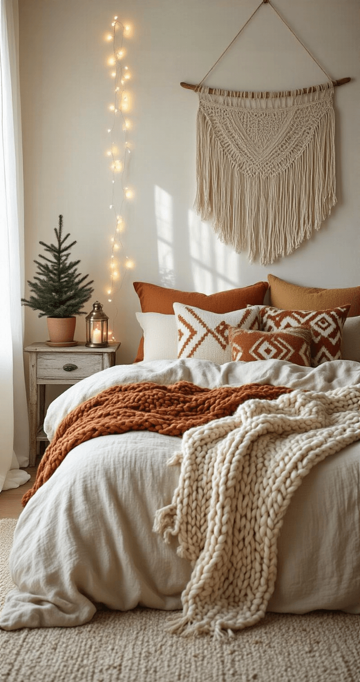 Cozy winter bedroom featuring rust, cream, and mustard tones with a linen duvet, hand-knitted wool throw, and patterned pillows. Macrame wall hanging, potted evergreen on a wooden nightstand, and a vintage brass candle lantern enhance the warm ambiance, complemented by fairy lights and soft morning light through sheer curtains.