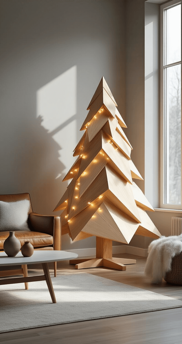 Ultra-realistic modern minimalist living room with sunlight filtering through large windows, featuring a geometric wooden Christmas tree adorned with LED fairy lights, a Scandinavian-inspired leather armchair with a sheepskin throw, and a low mid-century modern coffee table with a single ceramic vase, all set against a dove gray wall in soft morning light.