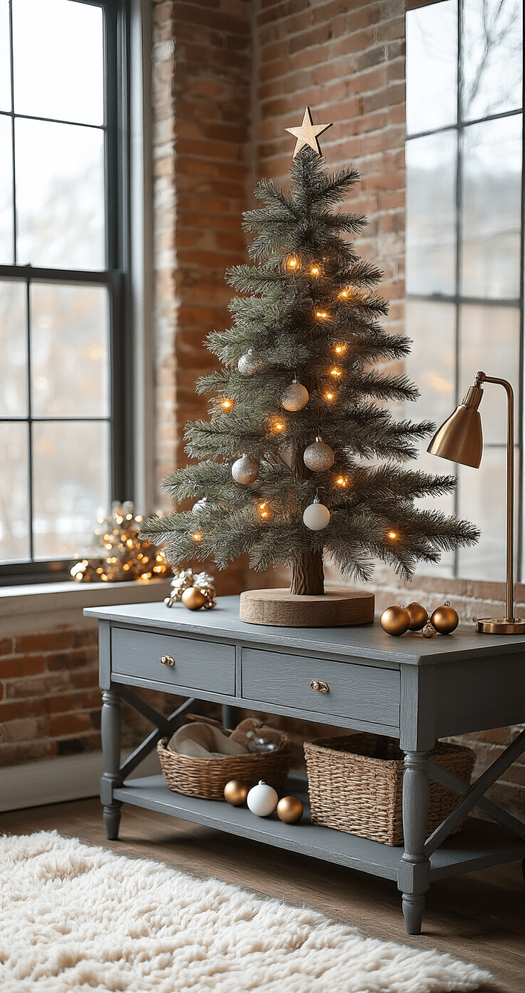 Cozy studio apartment interior featuring a handcrafted cedar wood Christmas tree on a vintage console table, adorned with warm amber LED string lights and scattered ceramic ornaments. The scene includes a textured cream wool rug, a minimalist brass side lamp, and an exposed brick wall, all illuminated by soft winter light from a large window.