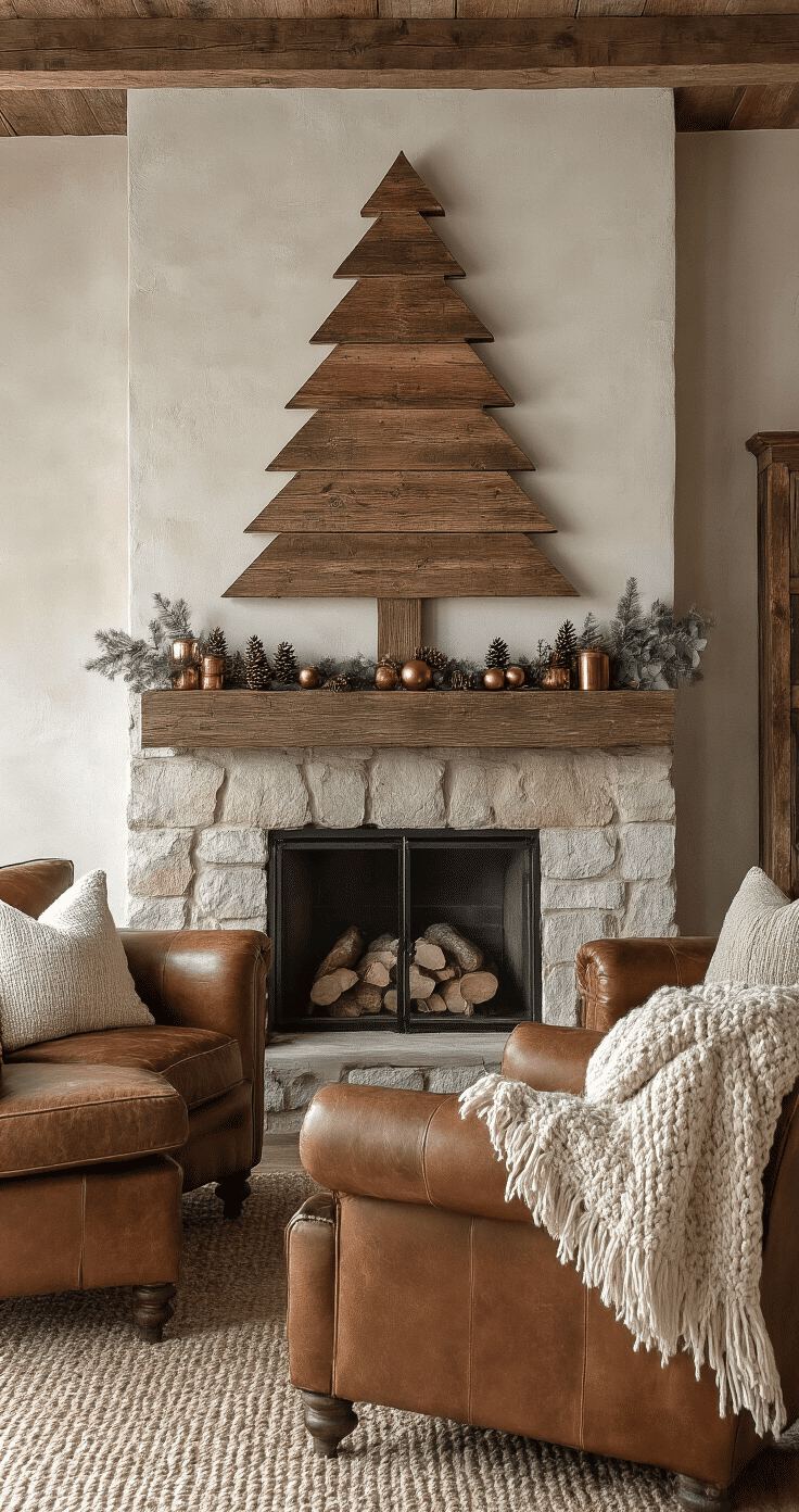 A rustic farmhouse living room featuring a wall-mounted wooden Christmas tree made from reclaimed barn wood next to a stone fireplace, surrounded by vintage leather armchairs and chunky knit throws, adorned with copper and brass ornaments. Warm tungsten lighting creates a golden atmosphere, with pine cone and dried eucalyptus details enhancing the cozy aesthetic.