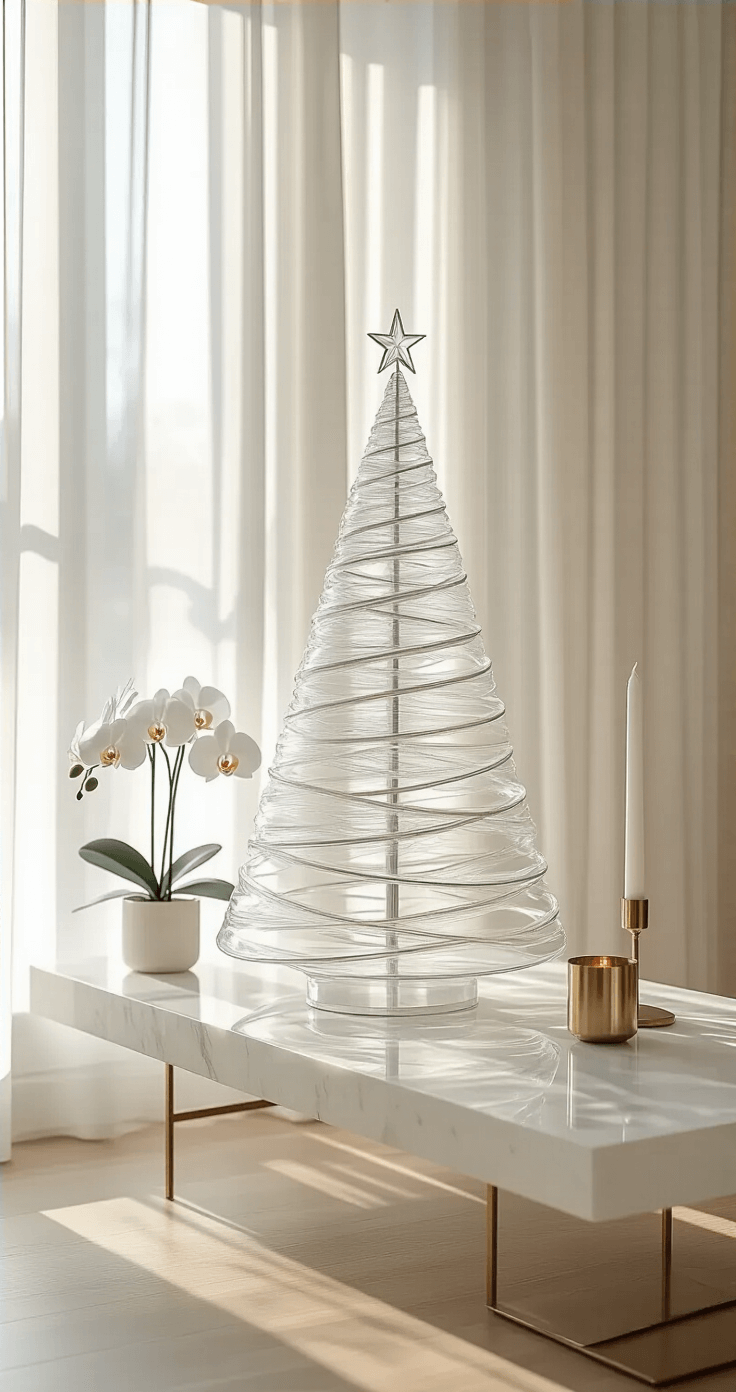 A modern minimalist living room featuring a clear crystal ring Christmas tree on a white marble console table, bathed in soft winter afternoon light filtering through sheer ivory curtains. The scene includes a polished hardwood floor reflecting delicate prism patterns, with a single white orchid and brushed brass candle holder complementing the decor, all captured from an eye-level camera angle emphasizing shadows and light refractions.