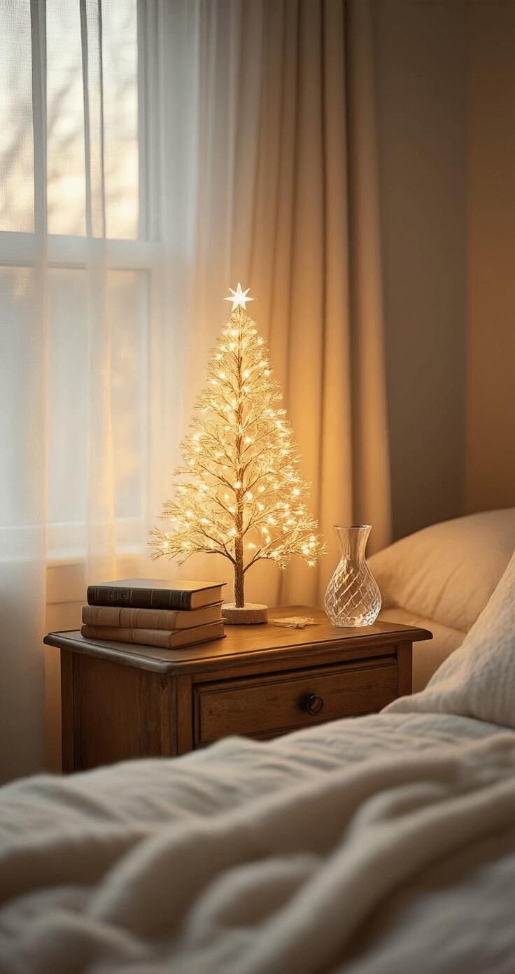 A cozy bedroom scene featuring a small LED crystal tree on a vintage wooden nightstand, bathed in warm golden hour light, with a cashmere throw, a leather-bound book, and a crystal water carafe, all softly illuminated to create a dreamy atmosphere.