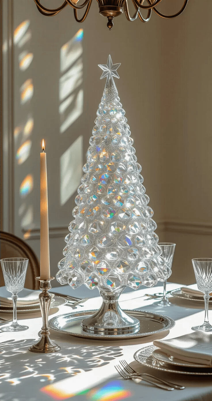 Sophisticated dining room featuring a hand-blown glass crystal Christmas tree centerpiece on a mirrored silver tray, flanked by champagne-colored taper candles, with rainbow prisms cast across a white linen tablecloth, surrounded by silver chargers and cut crystal wine glasses, all under dramatic overhead lighting.