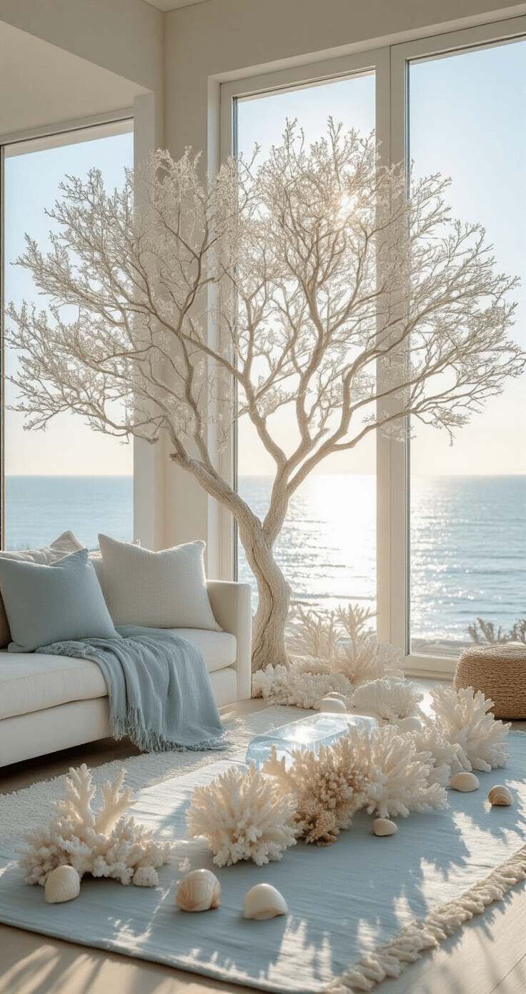 A coastal-inspired living room featuring a clear crystal tree near large windows with ocean views, illuminated by morning light, surrounded by soft white coral pieces, tiny seashells, and a pale blue linen runner, showcasing natural textures and soft diffused illumination on the crystal.