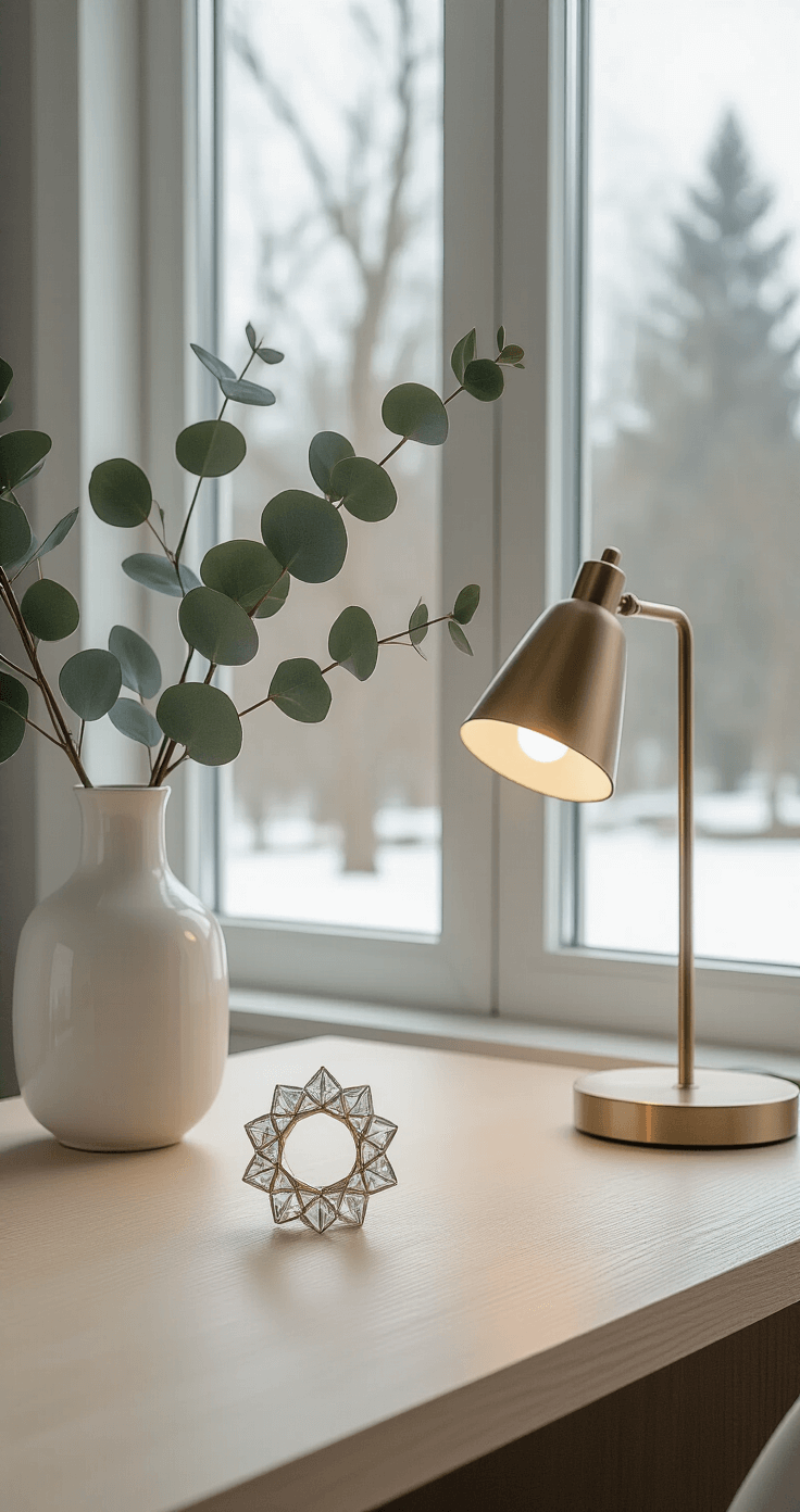 A Scandinavian-style home office with a geometric crystal ring tree on a white oak desk, a white ceramic vase with eucalyptus branches, and a minimalist brass desk lamp, illuminated by soft winter light from a large window, featuring a muted color palette of whites and soft grays, highlighting clean lines and negative space.