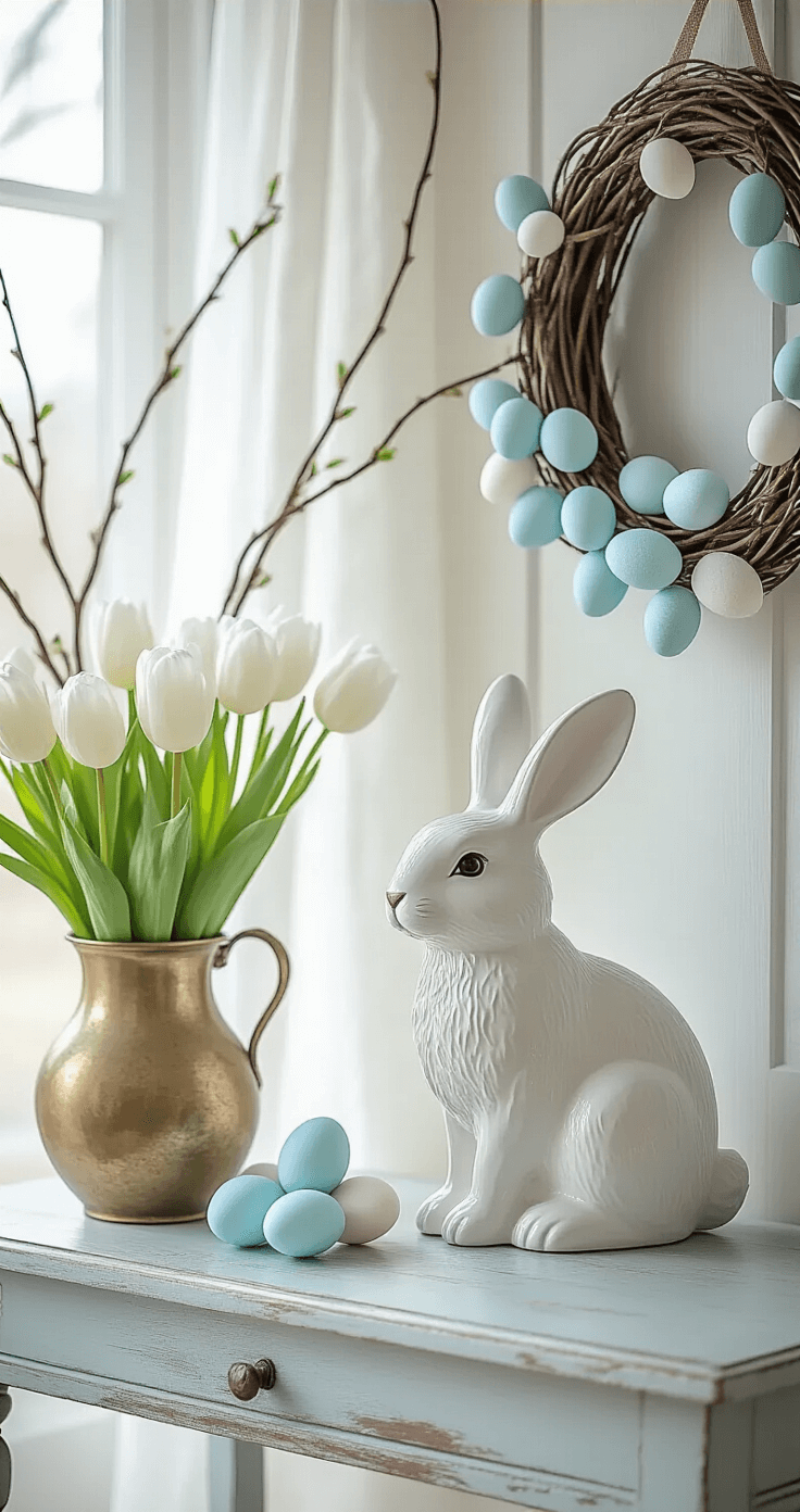 Bright, airy French cottage entryway adorned with pastel Easter decor, featuring a large white ceramic bunny on a distressed wooden console table, delicate white tulips in a vintage brass vase, and spray-painted curly willow branches, with soft morning light filtering through sheer linen curtains and a pale blue and white egg wreath on a distressed white door.