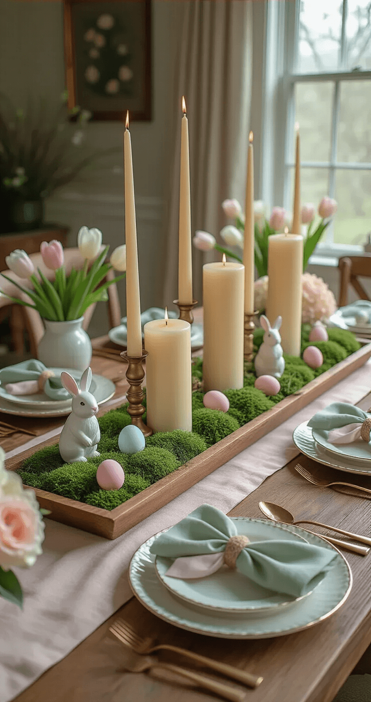 Sophisticated Easter dining table centerpiece featuring a long wooden tray with moss, pillar candles, pastel eggs, and bunny figurines, topped with a blush pink linen runner, white ceramic plates with gold rims, sage green ribbon tied napkins, and faux tulips and hydrangeas, captured from a bird's eye view with natural window light.