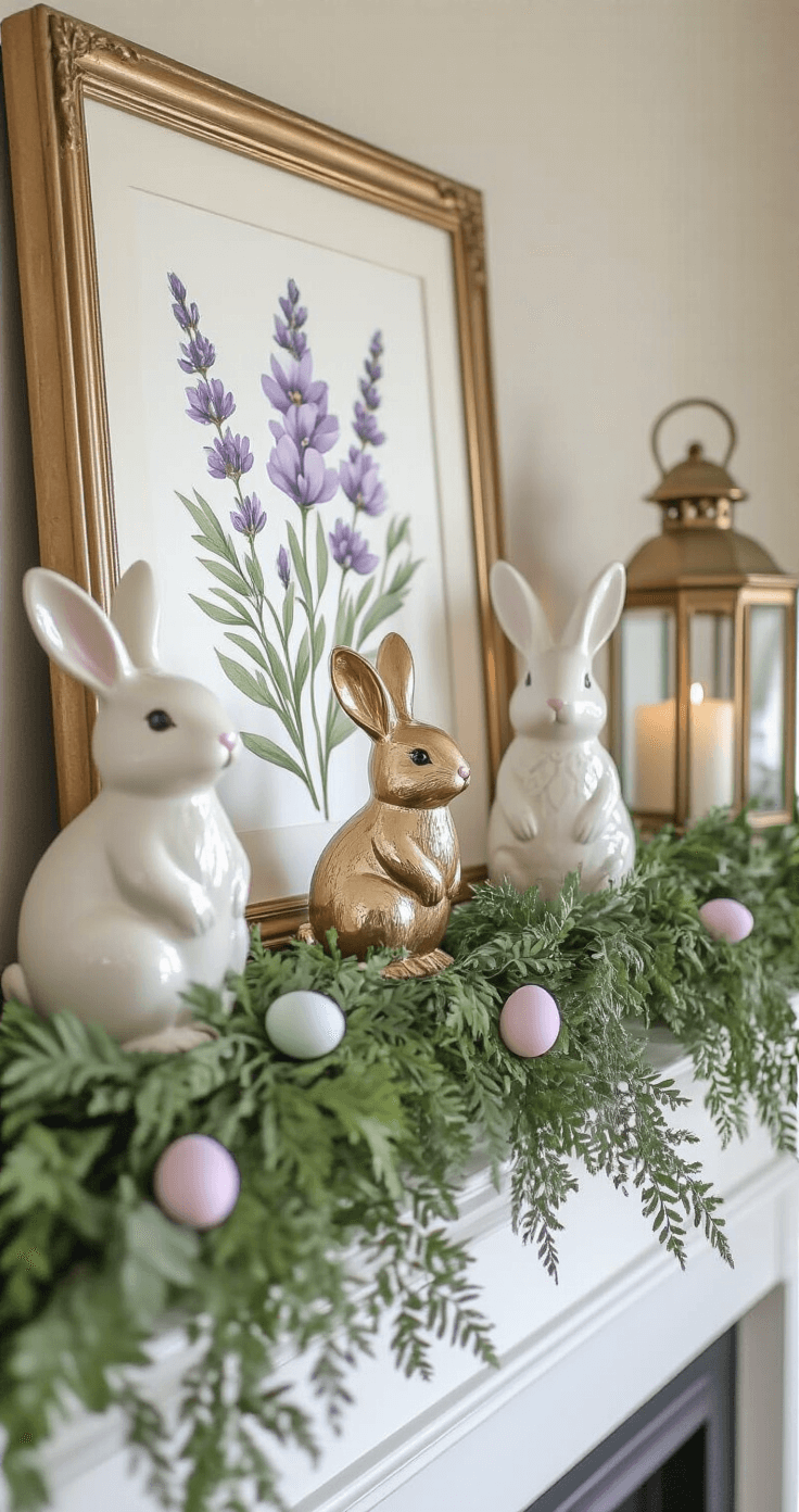 Elegant spring mantel display featuring a soft lavender and cream color palette, with gold-accented ceramic bunny figurines, white candlesticks, a botanical print, draped greenery garland with pastel eggs, and vintage brass lanterns, all captured in warm afternoon light from a 45-degree angle.
