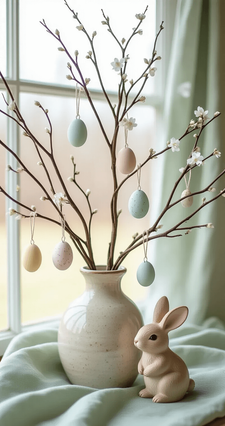 Rustic Easter tree display featuring white spray-painted curly willow branches in a heavy ceramic vase, adorned with pastel eggs and tiny silk flowers. A small ceramic bunny figurine sits at the base against a sage green linen backdrop, with soft diffused light highlighting the asymmetrical arrangement and branch textures.