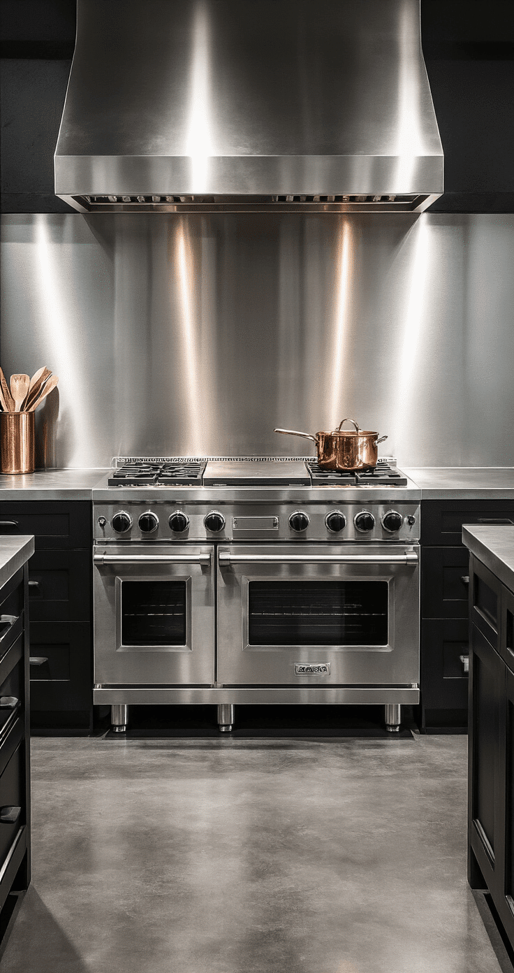 A dramatic industrial kitchen with large stainless steel backsplash panels behind a professional-grade gas range, featuring dark charcoal concrete floors and matte black cabinetry. The scene is illuminated by side lighting that creates metallic reflections and sharp shadows, highlighting a single exposed copper cooking utensil against a high-contrast color palette of gunmetal, silver, and deep charcoal, shot from a low angle to emphasize spatial geometry.