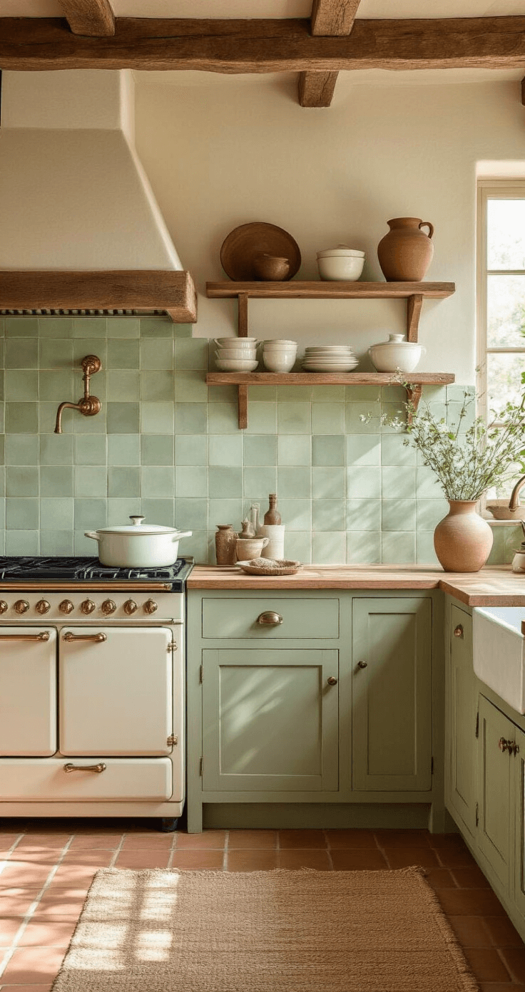 A rustic farmhouse kitchen featuring hand-painted sage green and cream ceramic tiles, an unlacquered brass faucet, reclaimed wood open shelving, and vintage white enamel cookware, illuminated by warm afternoon sunlight casting soft shadows on terracotta floor tiles, with a woven natural fiber runner, all captured in a three-quarter perspective to highlight layered textures and organic styling.