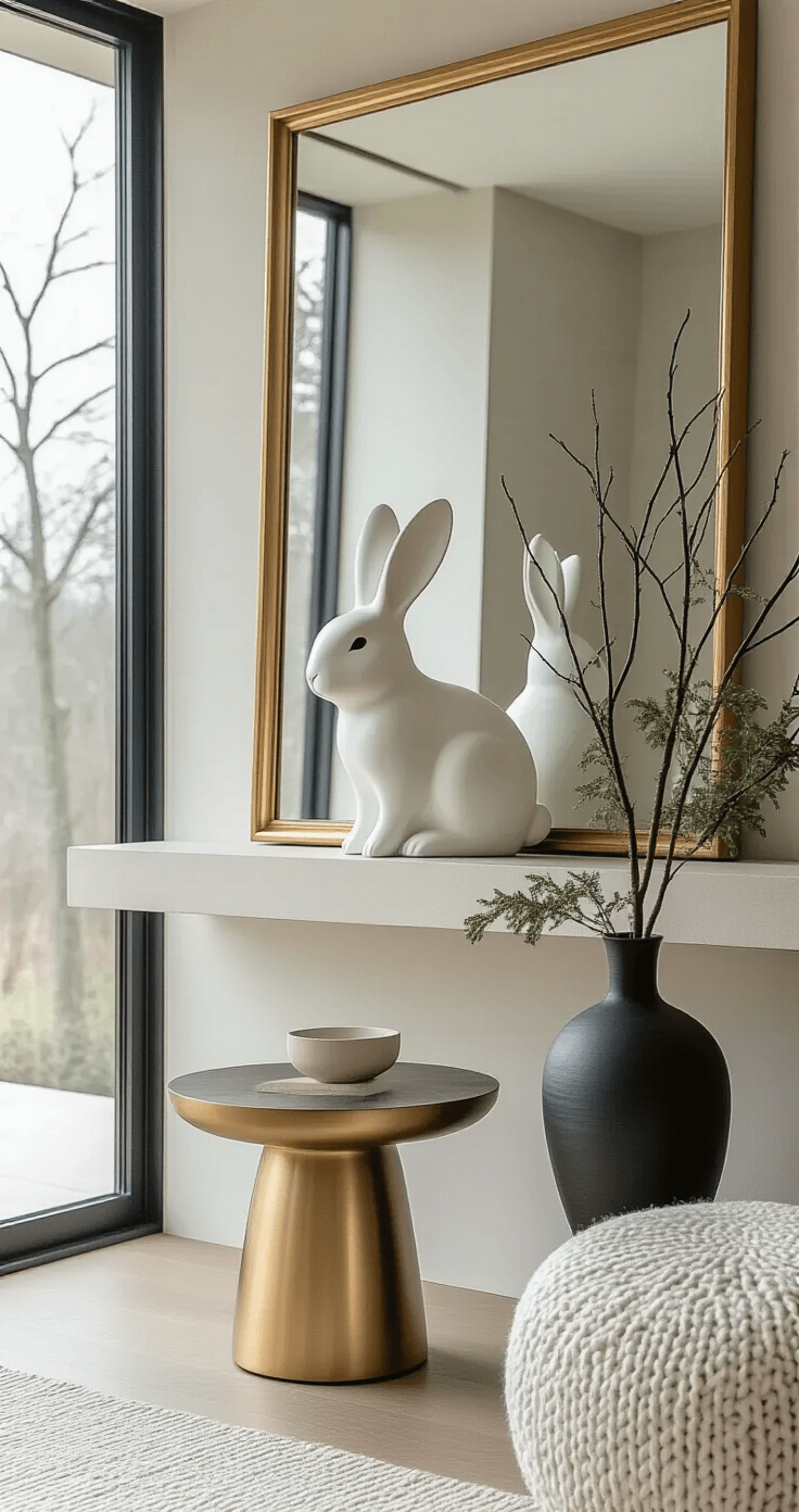 A minimalist modern living room featuring a large white sculptural ceramic bunny figurine on a mantel, complemented by an oversized gold-framed mirror and a tall matte black ceramic vase with dramatic branches. Soft greenery drapes casually along the mantel, all set against a cream and white color palette. A mid-century modern side table with a single brass accent completes the scene, illuminated by diffused natural light from floor-to-ceiling windows, showcasing sharp textural details in a neutral tone-on-tone styling.