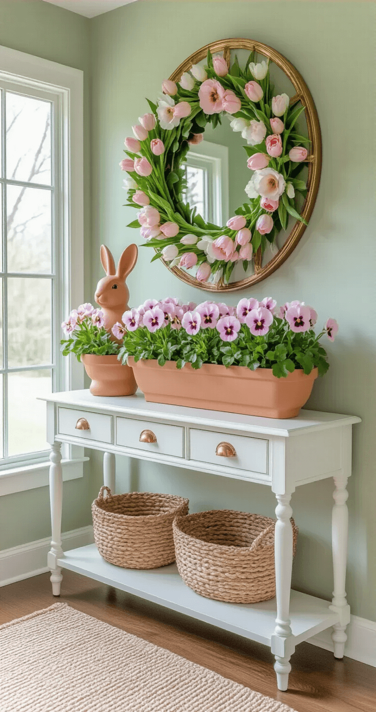 Easter-themed entryway featuring a hand-painted terra cotta bunny planter with pink pansies, a white console table with copper accents, a large spring wreath with tulips and ranunculus, soft natural light, sage green walls, a vintage brass mirror, and a woven welcome mat, captured with a professional photography style and soft depth of field.