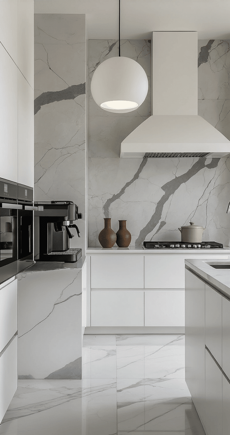 Contemporary minimalist kitchen featuring a large gray-veined marble backsplash, white cabinetry, quartz countertops, and a sculptural pendant light, illuminated by early morning light, with an espresso machine and ceramic vessel styled on the counter.