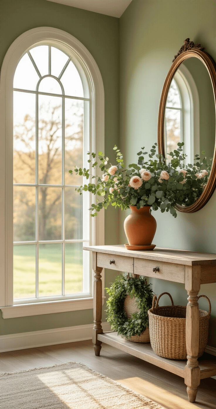Ultra-detailed interior of a modern farmhouse entryway featuring soft natural light from an arched window, a rustic wooden console table with fresh eucalyptus and pale pink ranunculus, a vintage brass mirror, and a hand-woven basket with a spring wreath, all set against sage green walls and hardwood floors.
