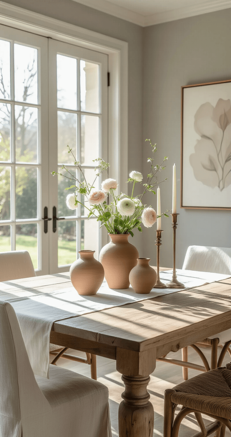 Elegant dining room featuring French doors opening to a spring garden, a large reclaimed oak dining table with a white linen runner, hand-painted terracotta vases with ranunculus, vintage brass candlesticks, and soft gray walls, all beautifully styled with natural lighting.