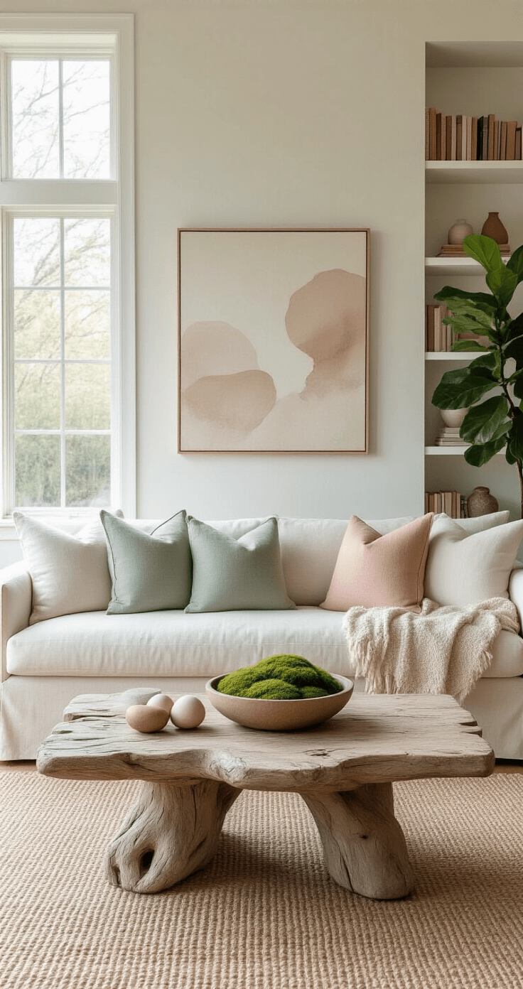 Minimalist living room featuring a cream linen sofa with sage and blush throw pillows, a sculptural driftwood coffee table, large windows with soft spring light, and a potted fiddle leaf fig, all styled with a natural jute rug and curated shelves of books and ceramics.