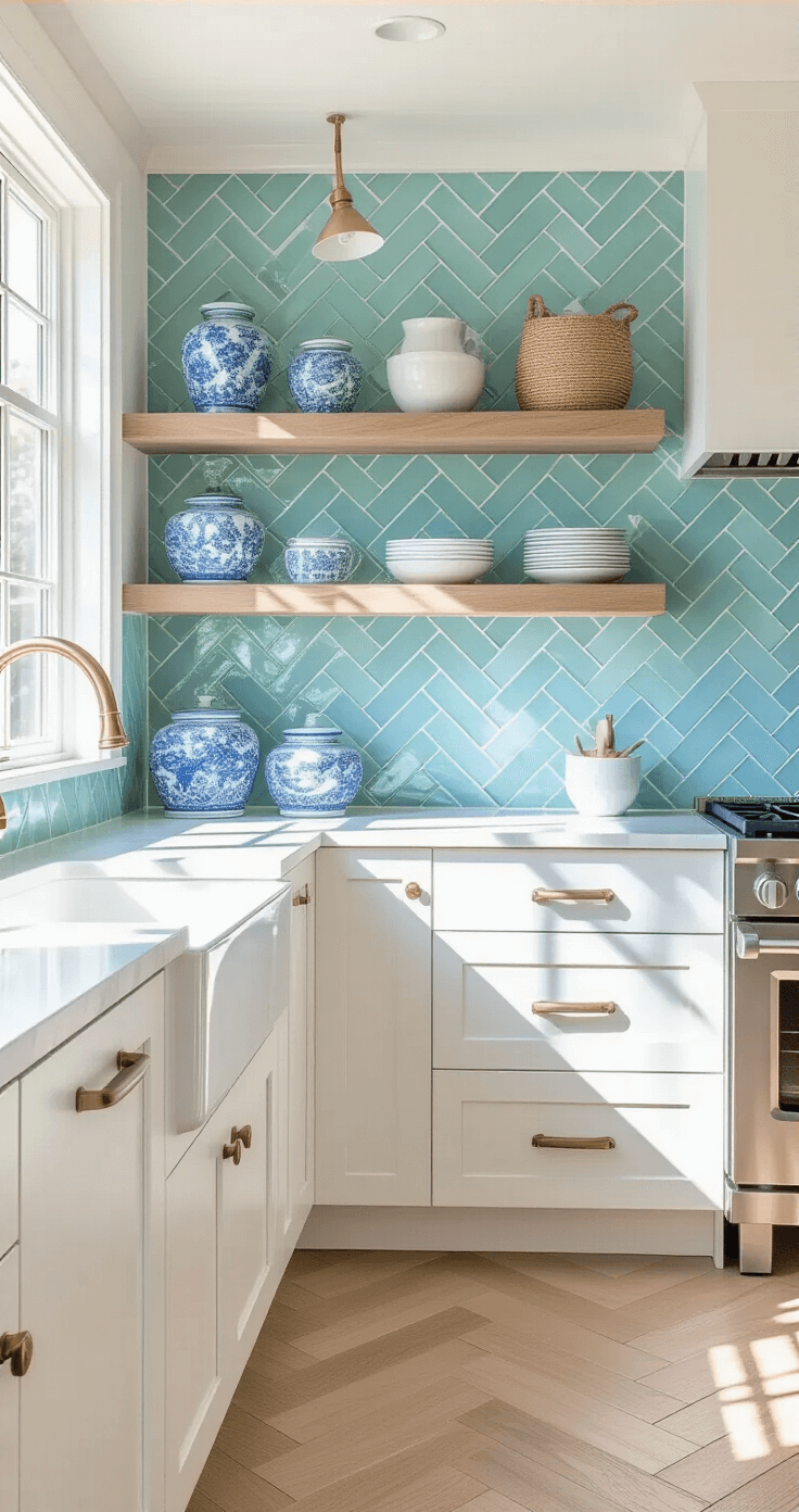 Coastal-inspired kitchen featuring aqua and white handmade ceramic tiles in a herringbone pattern, white shaker cabinetry, natural oak floating shelves, and bright light from a large window, styled with blue and white ceramics and woven elements, highlighting texture and depth.