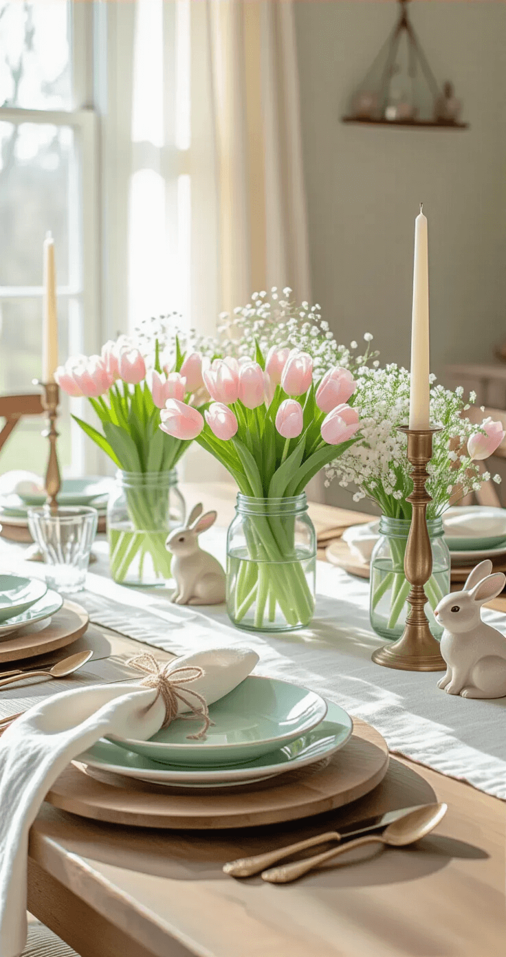 An elegantly set Easter tablescape featuring a large farmhouse dining table adorned with a white linen runner, pastel tulips and baby's breath in vintage mason jars, brass candlesticks with ivory candles, ceramic bunny figurines, and layered mint green dinnerware, all illuminated by soft morning light filtering through gauzy curtains.